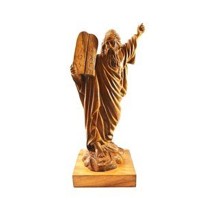 Moses & Ten Commandments Figurine Statue Sculpture Olive Wood Hand Carved 12.5"